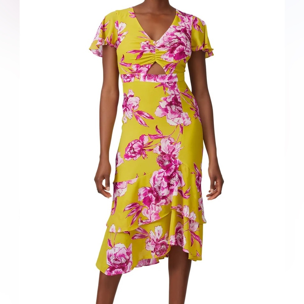 Great Jones Lemon Floral Printed Cutout Flutter Sleeve V-Neck Ruffle Midi Dress